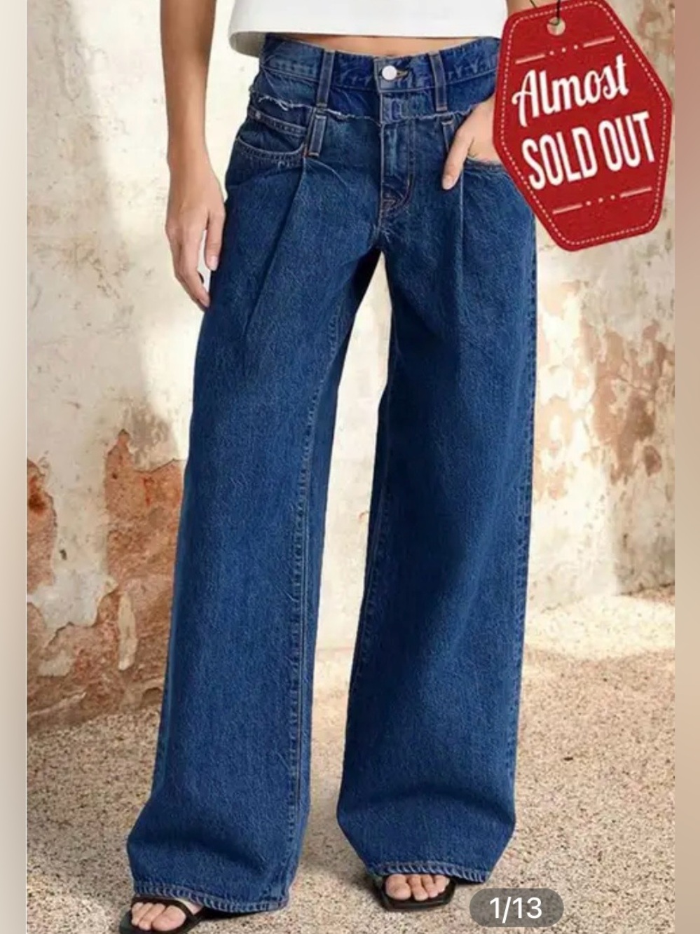Flamingals Mid Rise Pleated Detail Layered Waist Wide Leg Jeans